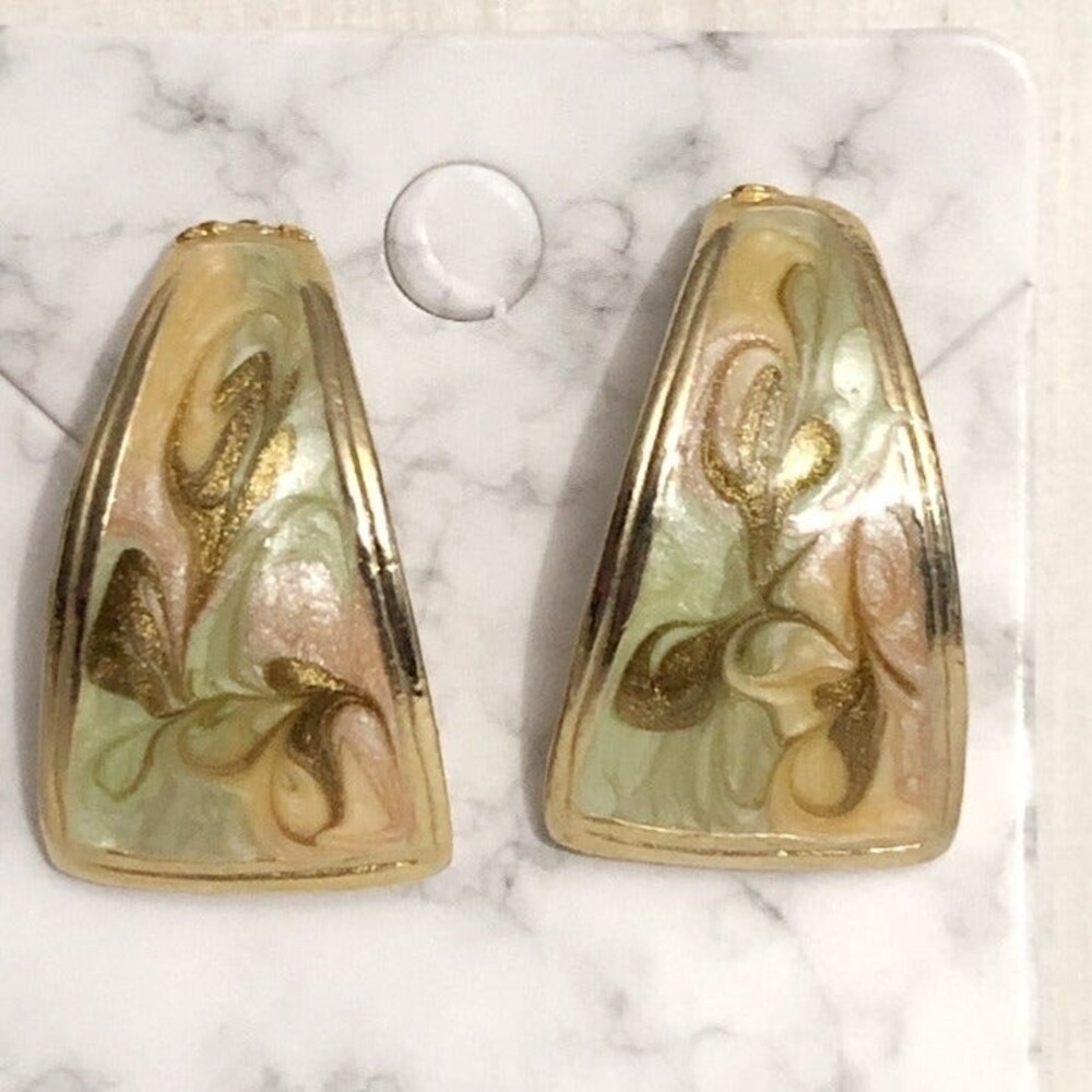 Painted Swirl Retro Style Pierced Earrings Gold Tone